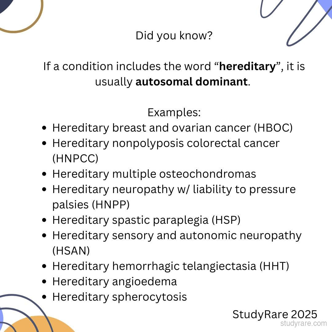 Hereditary conditions are usually autosomal dominant: HBOC, HNPCC, HHT, hereditary spherocytosis, and others