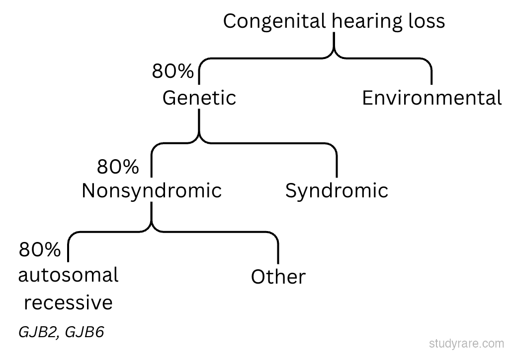 Congenital hearing loss classification: ~50-60% genetic (of which ~70% nonsyndromic, and of those ~75-80% autosomal recessive: GJB2, GJB6)
