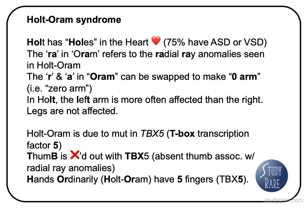 Holt-Oram syndrome mnemonic: TBX5 associations including cardiac defects and radial ray anomalies