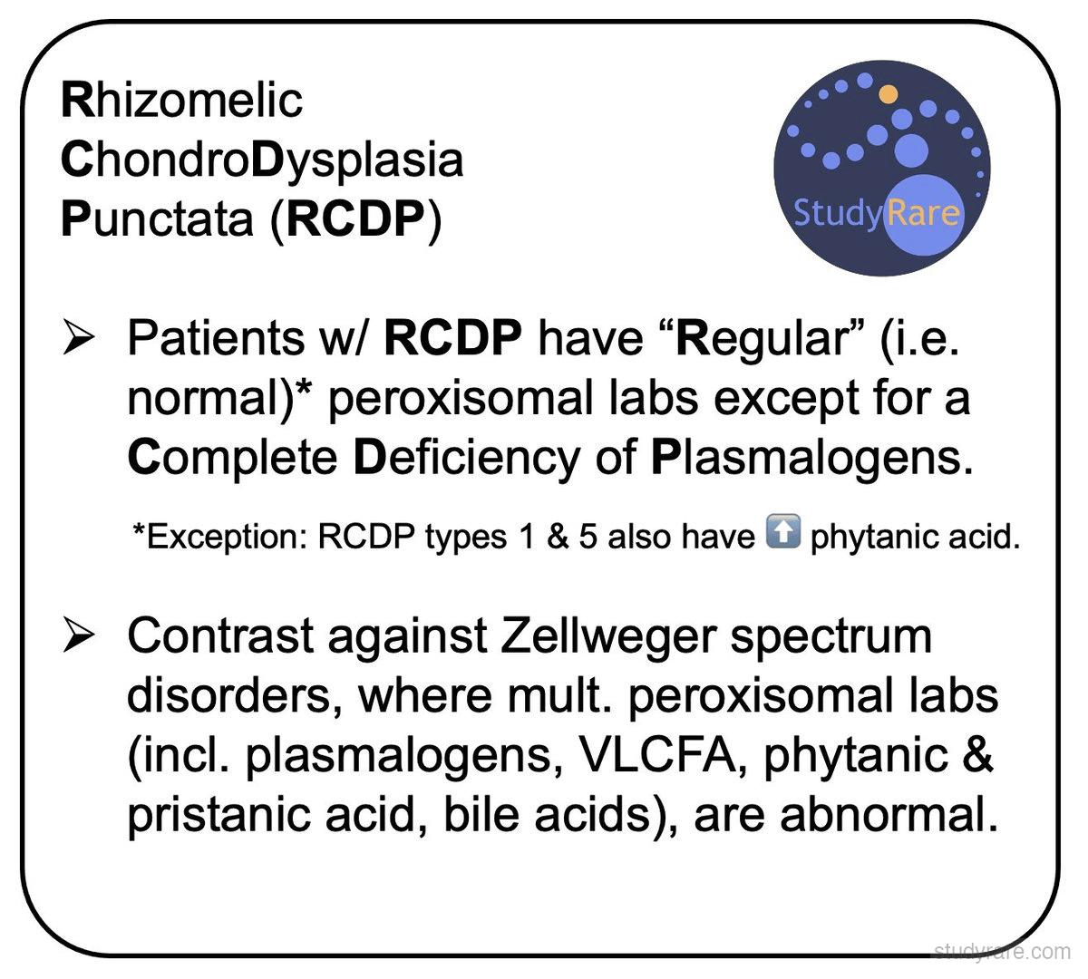 RCDP vs Zellweger: RCDP has normal peroxisomal labs except for complete plasmalogen deficiency, while Zellweger has multiple abnormal peroxisomal markers (VLCFA, phytanic, pristanic, bile acids)