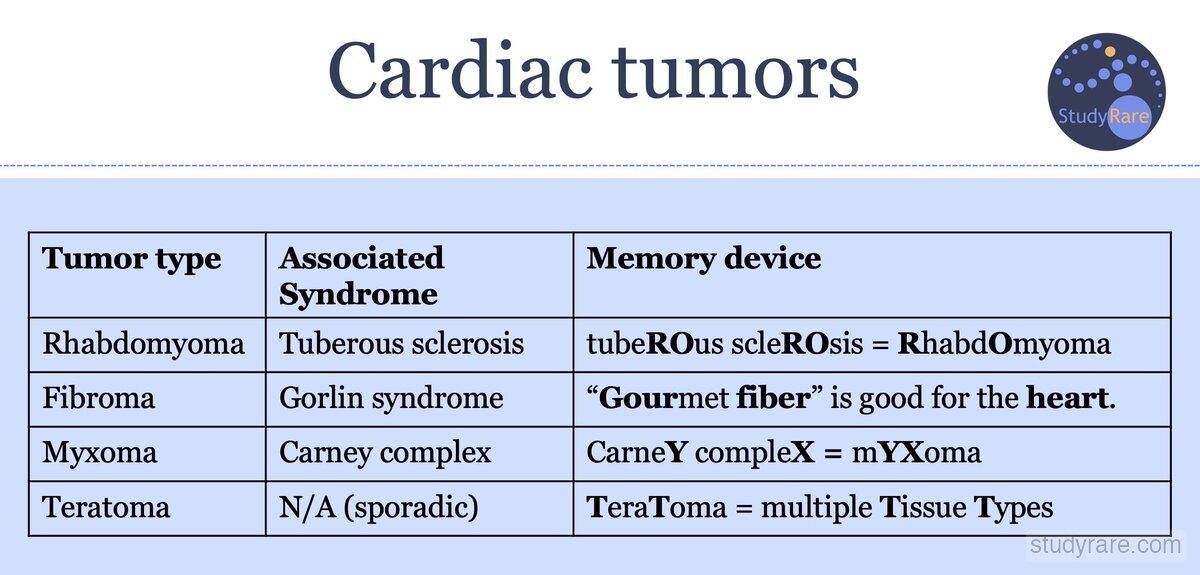 Cardiac tumors and associated syndromes: rhabdomyoma (tuberous sclerosis), fibroma (Gorlin syndrome), myxoma (Carney complex), teratoma (sporadic), with memory devices for each association