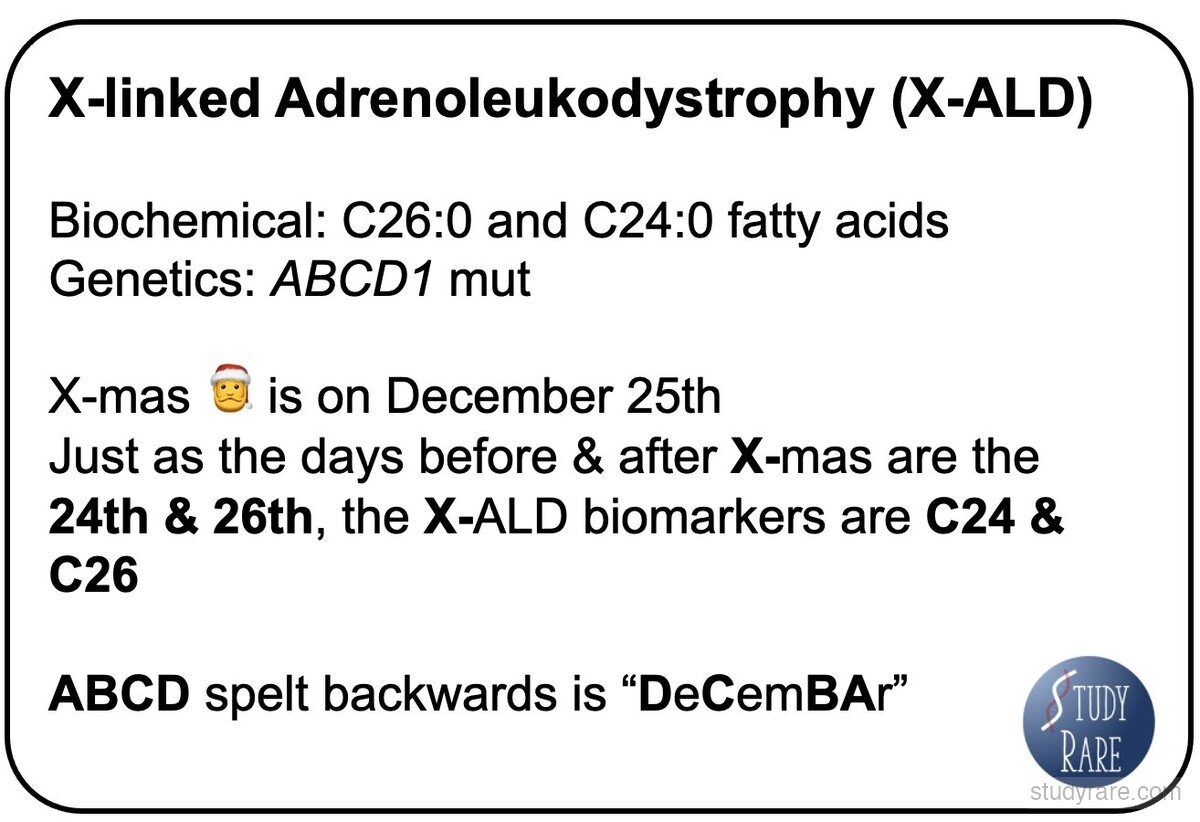 X-linked adrenoleukodystrophy mnemonic: ABCD1 gene, C26:0 and C24:0 VLCFA biomarkers, "X-mas is December 25th" with C24 and C26 as the days before and after, ABCD backwards = DeCemBAr